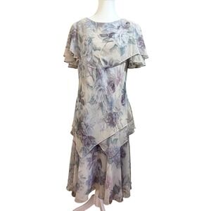VTG 80s Patra Floral Midi Dress Womens 10 Lavender Tiered Layered‎ Chiffon USA